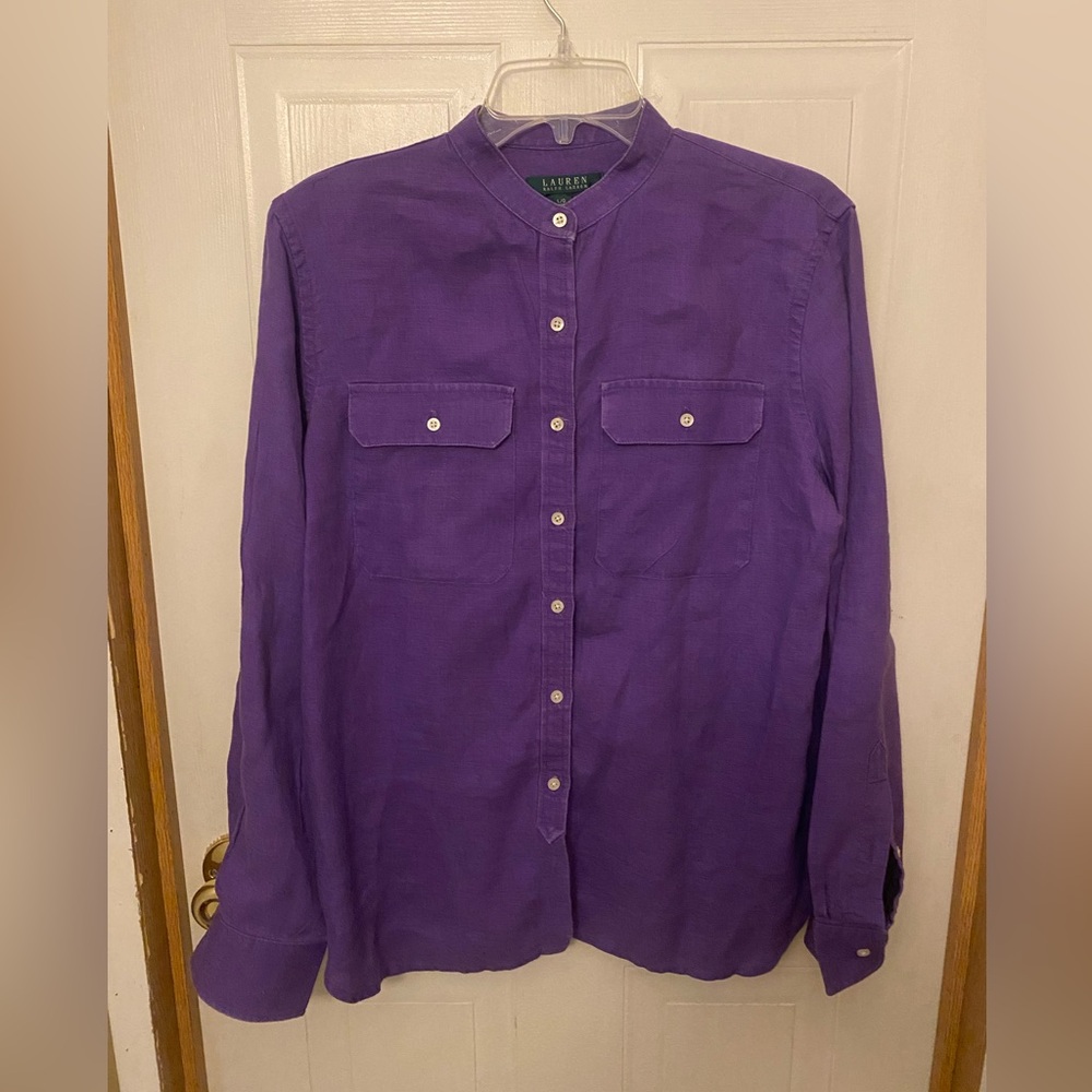 Lauren Ralph Lauren Deep Purple Mandarin Collar Linen Button-Down
